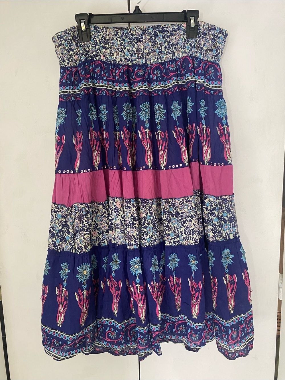Kaktus Navy Pink Boho Tiered A-Line Large Skirt Patchwork Striped Hippie Artsy